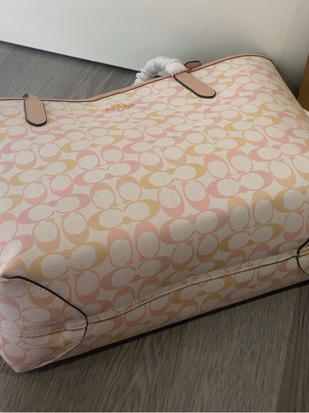 Coach Pink and Cream Signature Canvas Tote with Bear Charm - Picture 5 of 6